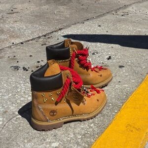 Custom Timberland Wheat Boots Red Rope Laces Studded – Worn Once